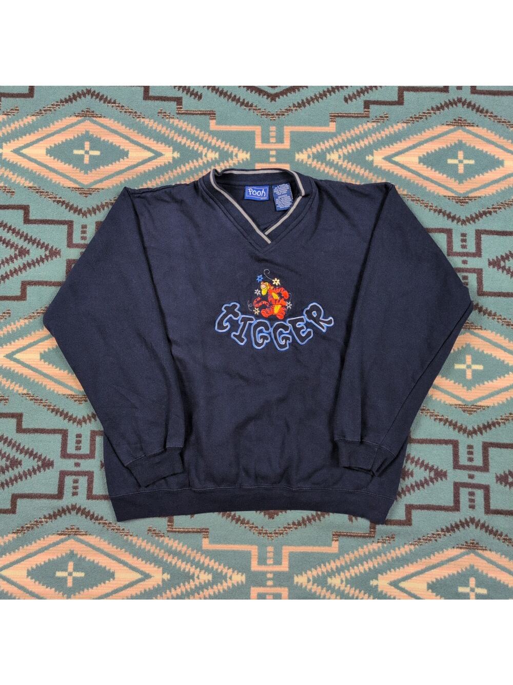 Vintage Disney Pooh Tigger Embroidered V-Neck Sweatshirt Navy Blue Large 90s Y2K